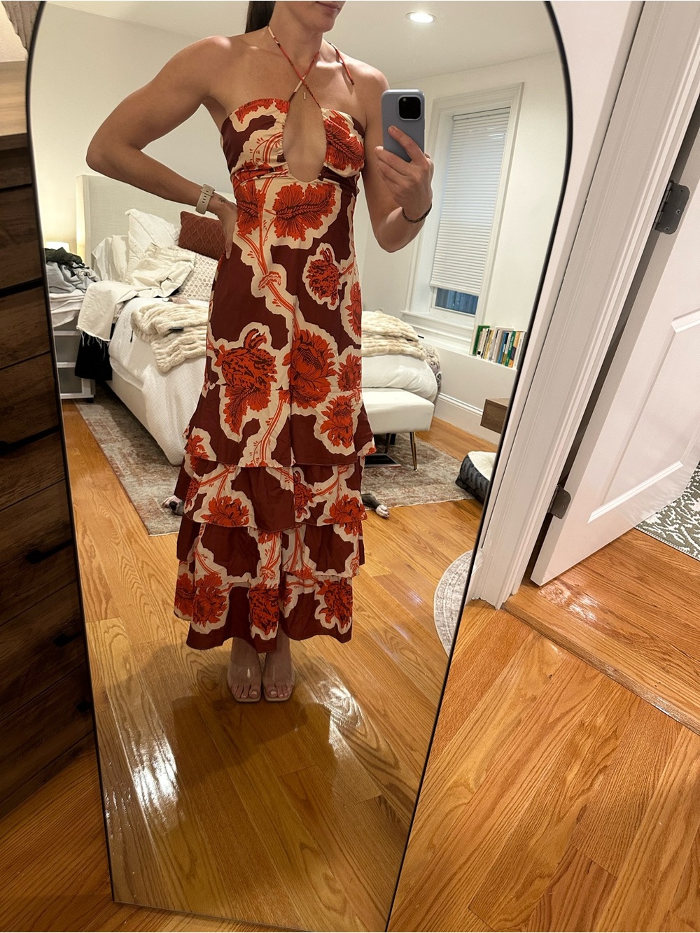 Vici Brown Maxi Dress with Orange Floral Pattern